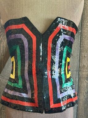 Vintage Ann Lawrence Sequin Corset Top Strapless Bustier Multicolor Y2K Festival